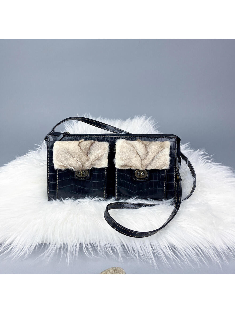 Black Faux Croc Leather Upcycled Shoulder Bag with Fur Pockets